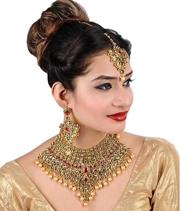 Lucky Jewellery Lct Red Bridal Dulhan Wedding Engagement Necklace Set