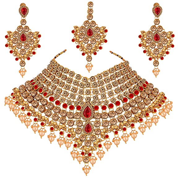Lucky Jewellery LCT Red Bridal Dulhan Wedding & Engagement Necklace Set with Mang Tikka Best for Bride Gold Red in Color (1815-L1SS-KD124-LCT-RED)