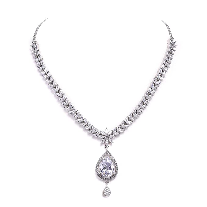 Ratnavali Jewels Brass Silver Plated and Cubic Zirconia Pendant Set With Earrings for Women & Girls (White)