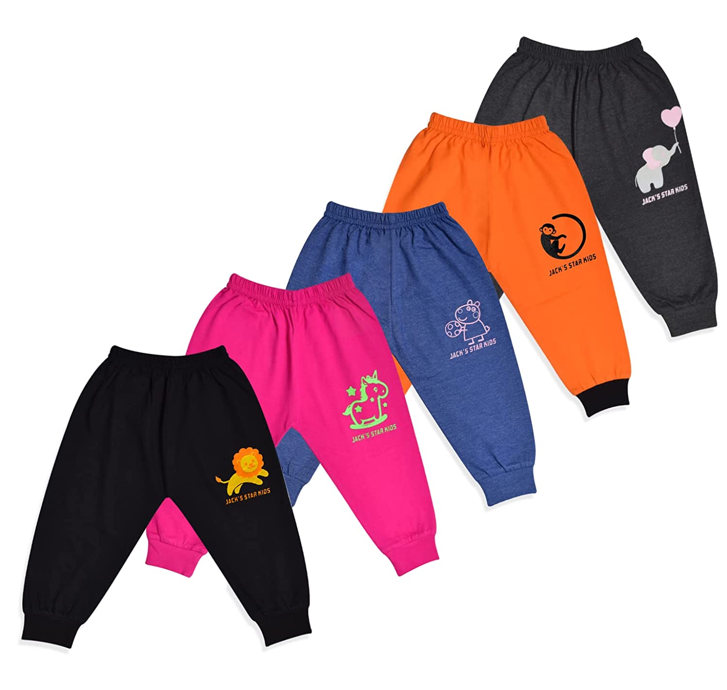 Jack's Star Kids Soft Cotton Trackpants Lowers Pajama for Infants Toddler Boys and Girls with Bottom Ribs (Pack of 5)