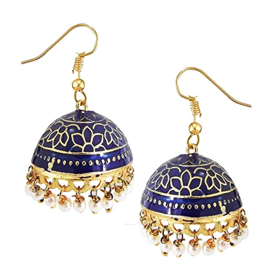 9blings Navy Blue Meenakari Collection Gold Plated Fashion Hand Painted Pearl Jhumka Earrings for Women and Girls