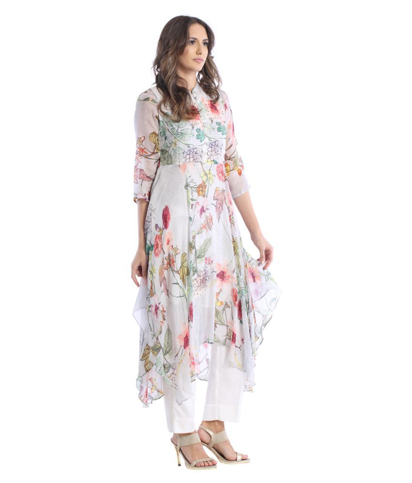 Basil Leaf Off White Chiffon Asymmetrical Hemline Kurti