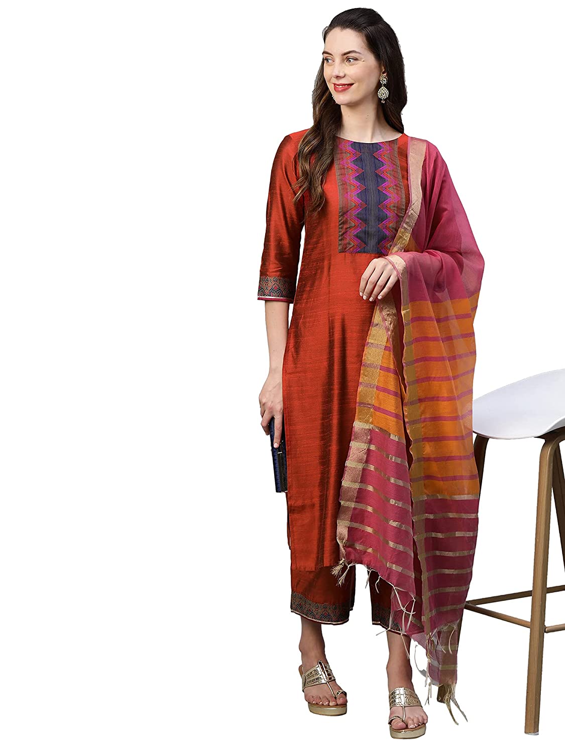 INDO ERA Women's Pure Cotton Solid Straight Kurta Palazzo With Dupatta Set (IE10KS4BE1096)