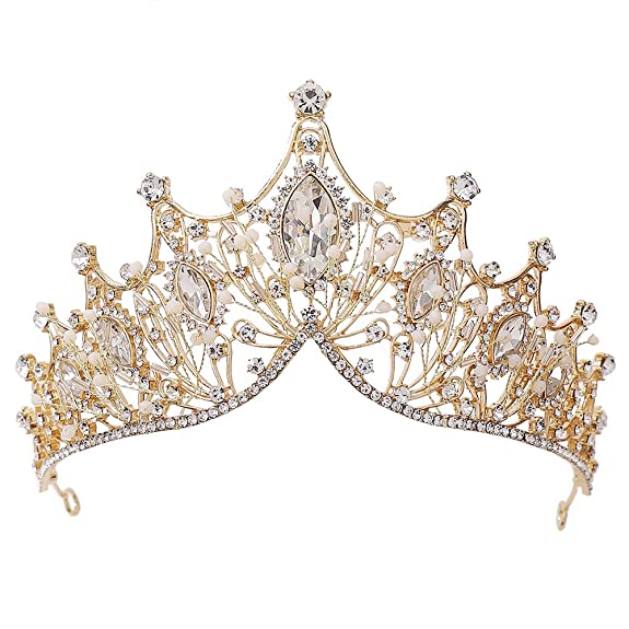 PALAY® Silver Baroque Crowns and Tiaras Crystal Pearl Bride Wedding Queen Crowns for Women Decorative Princess Tiaras Hair Accessories for Women and Girls (Gold)