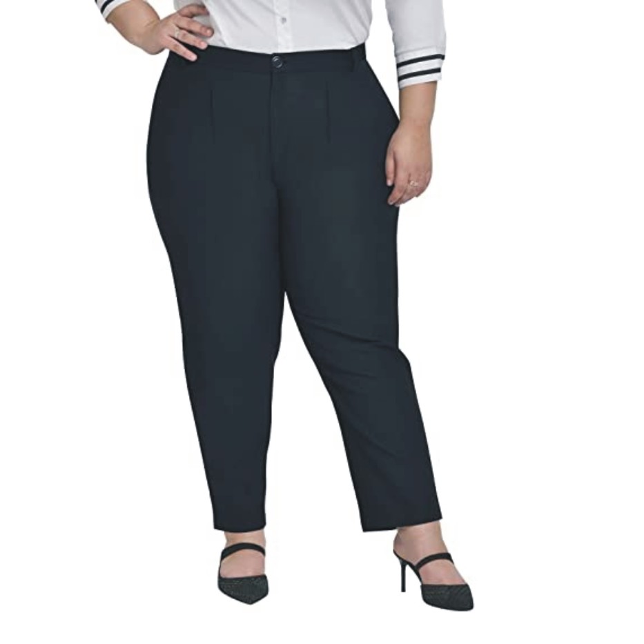 wild U Women Western Plus Size Mid Waist Formal Cotton Trouser (Navy Blue, Waist : 36"-44”)