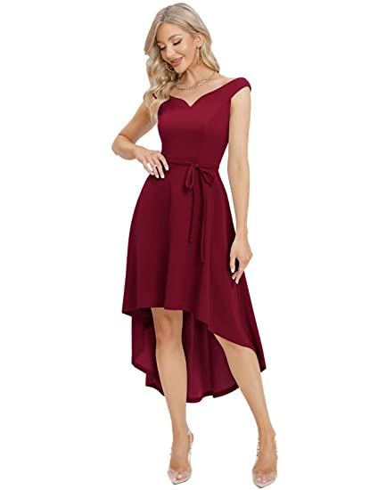 DRESSTELLS Vintage Prom Dress Off Shoulder Hi Lo Bridesmaid Dress Wedding Guest Dresses for Women Burgundy Large