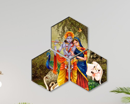 Green Radha Krishna Painting Hexagon UV Textured Wall Arts