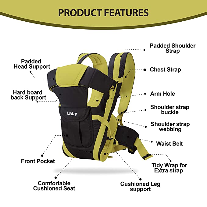 LuvLap Elegant Baby Carrier with 4 carry positions, for 4 to 24 months baby, Max weight Up to 15 Kgs (Black & Green)