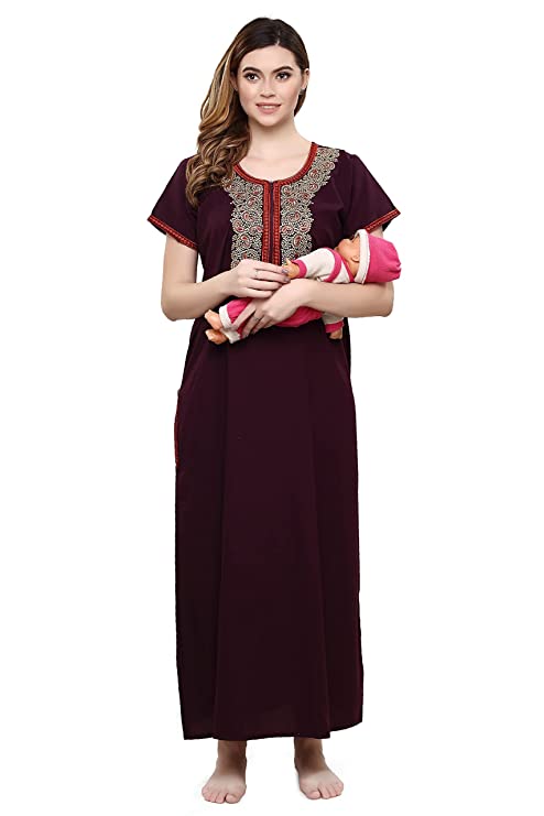 TIGYWIGY Women's Cotton Embroidery Feeding Nighty/Maternity Dress/Night Gown