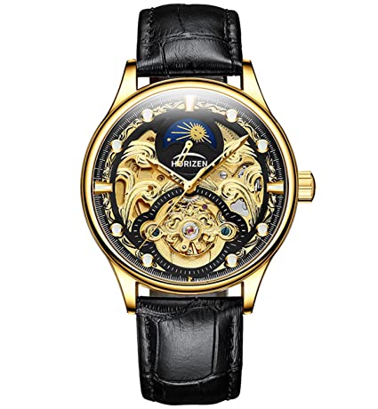 HORIZEN Automatic Mechanical Watch for Men (Black & Gold Dial)