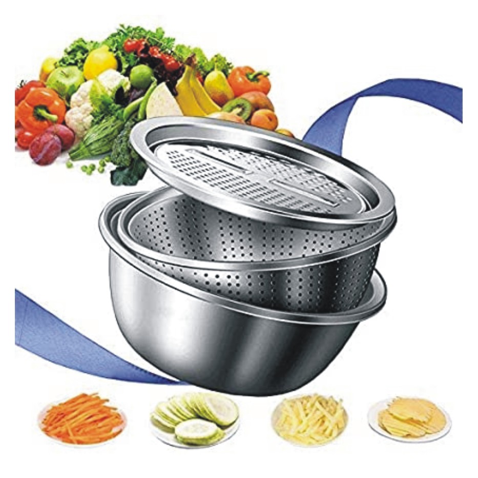 Hunk shopper's 11 Inch Stainless Steel Drain Basket Vegetable Cutter, 3 in 1 Kitchen Multipurpose Grater - Salad Maker Bowl