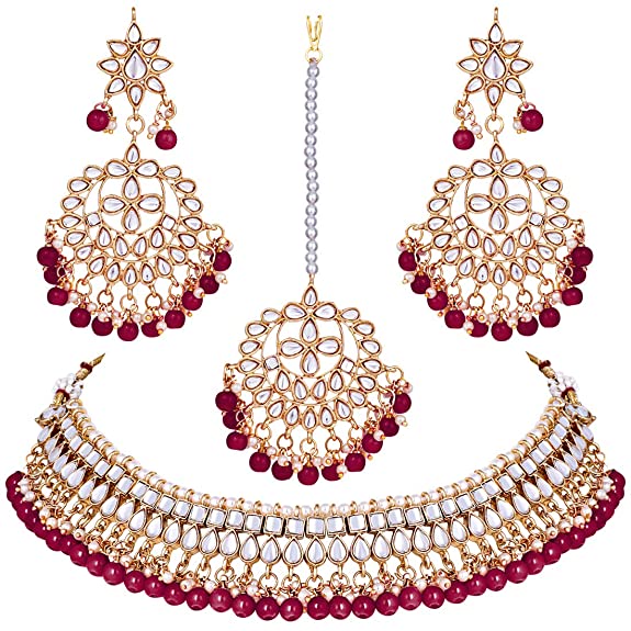 Peora 18K Gold Plated Kundan Pearl Choker Necklace Earring Mang Tikka Traditional Jewellery Set for Women Wedding Fancy