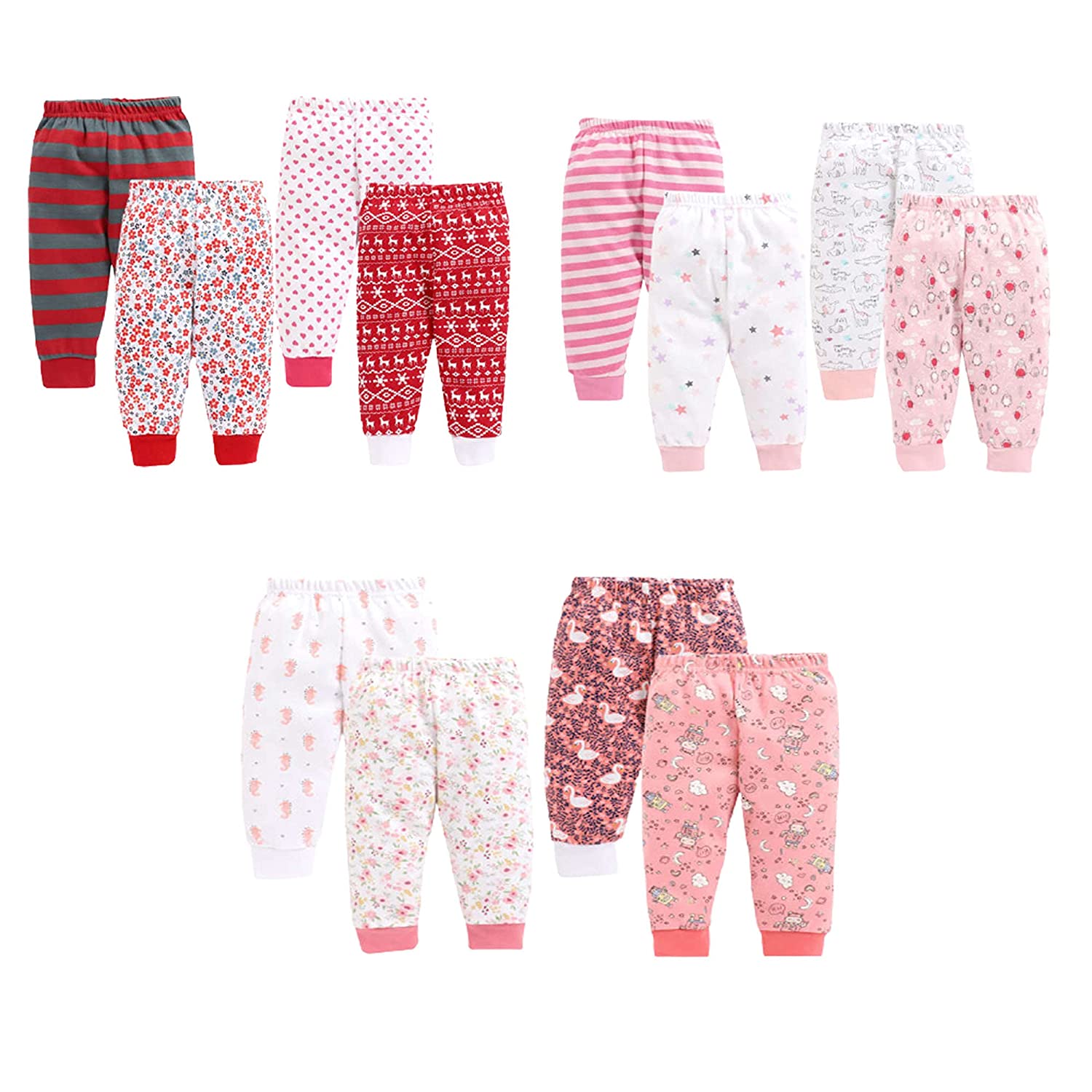 EIO Baby Boys Girls Cotton All Over Print Pajama Rib Pants Pack of 6 Assorted Prints Pack of 6