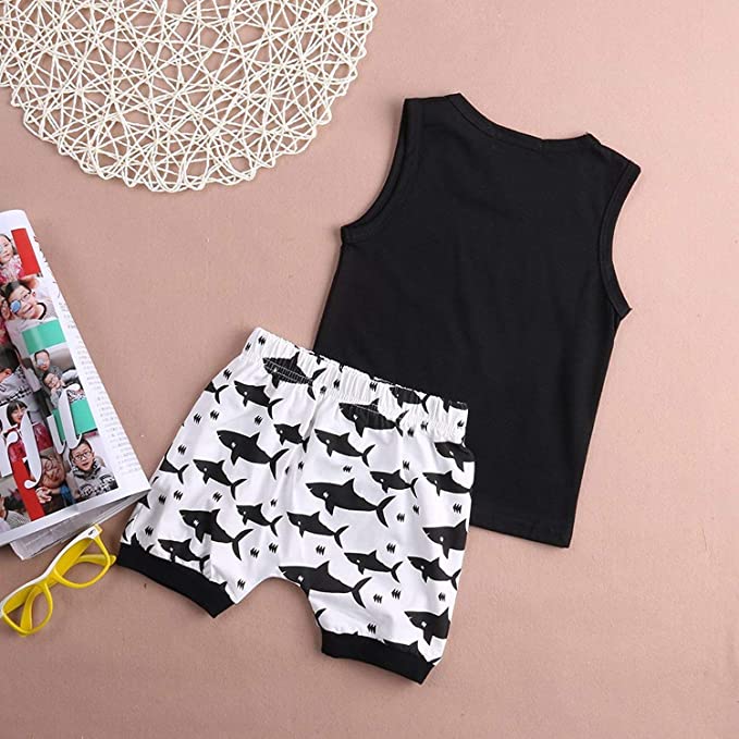 Attis Boys and Girls Clothes Shark and Doo Doo Print Summer Cotton Stylish Sleeveless Outfits Set Tshirt & Pant Kids Clothing Set