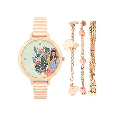 Teal by Chumbak Live Slow Watch & Bracelet Set - Peach & Rose Gold - Jewelry Watch, Wrist Watch for Women, Dress Watch, Fashion Accessory with Bracelet Set, Slim Strap