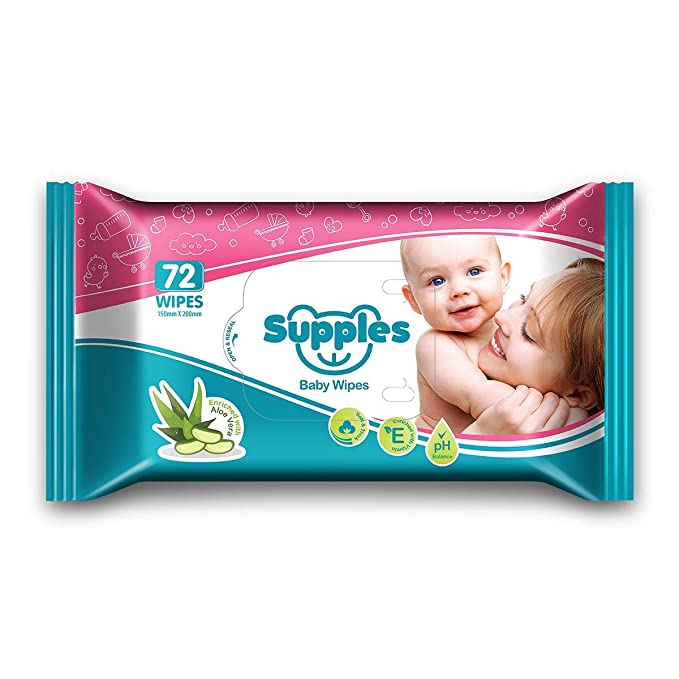Supples Baby Wet Wipes with Aloe Vera and Vitamin E, 72 Pieces, White