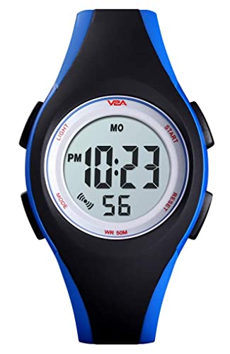 V2A 5ATM Waterproof Digital Kids Sports Watch with Luminous Alarm Stopwatch for Boys and Girls (White Dial Black and Blue Colored Strap)