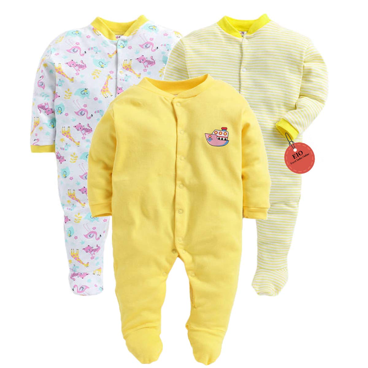 EIO® 100% Cotton Rompers/Sleepsuits/Jumpsuit/Night Suits for Newborn Baby Boys & Girls Pack of 3